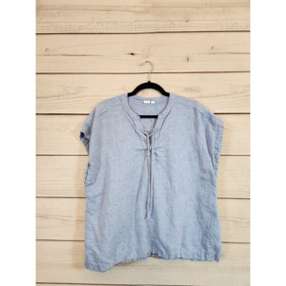 Gap Women's Light Blue Solid Tie V-Neck Short Cap Sleeve Blouse Top Size XL